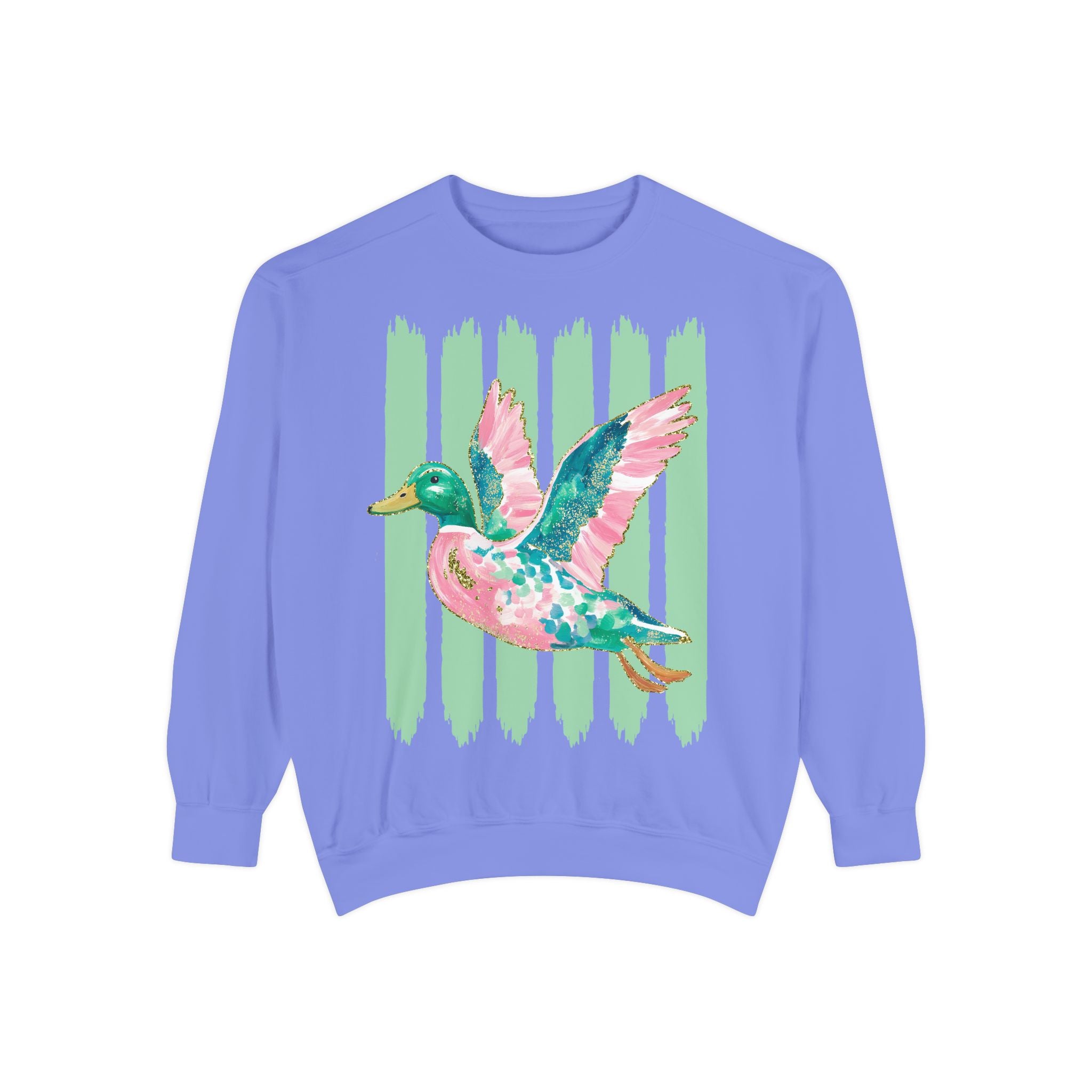 Duck Graphic Sweatshirt — Watercolor Flying Duck on Coral Garment-Dyed Crewneck