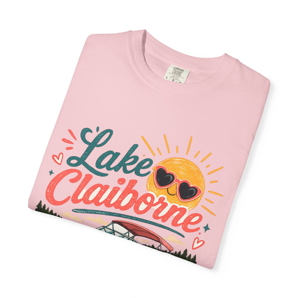 Lake Claiborne Boat T‑Shirt — Retro Sun & Sunglasses Summer Tee