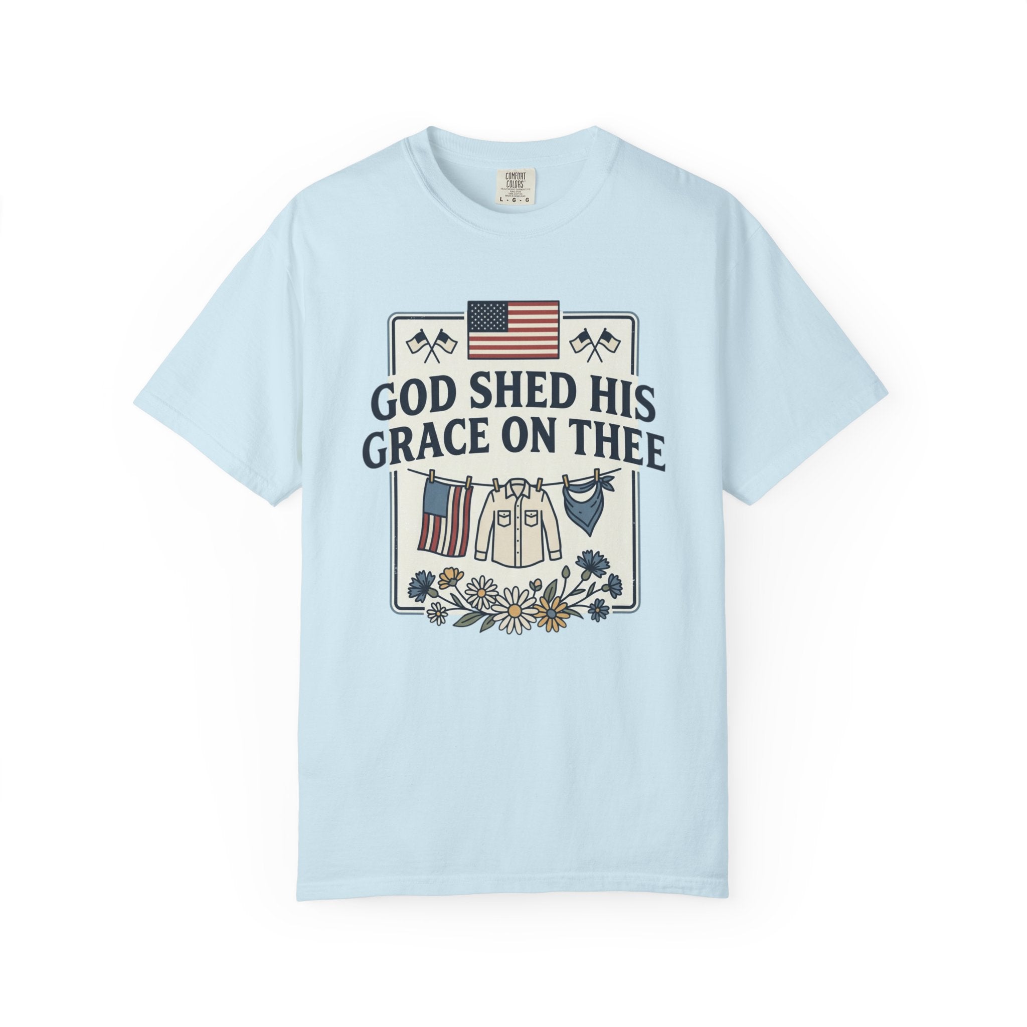 T-Shirt — "God Shed His Grace on Thee" Patriotic American Flag & Floral Tee