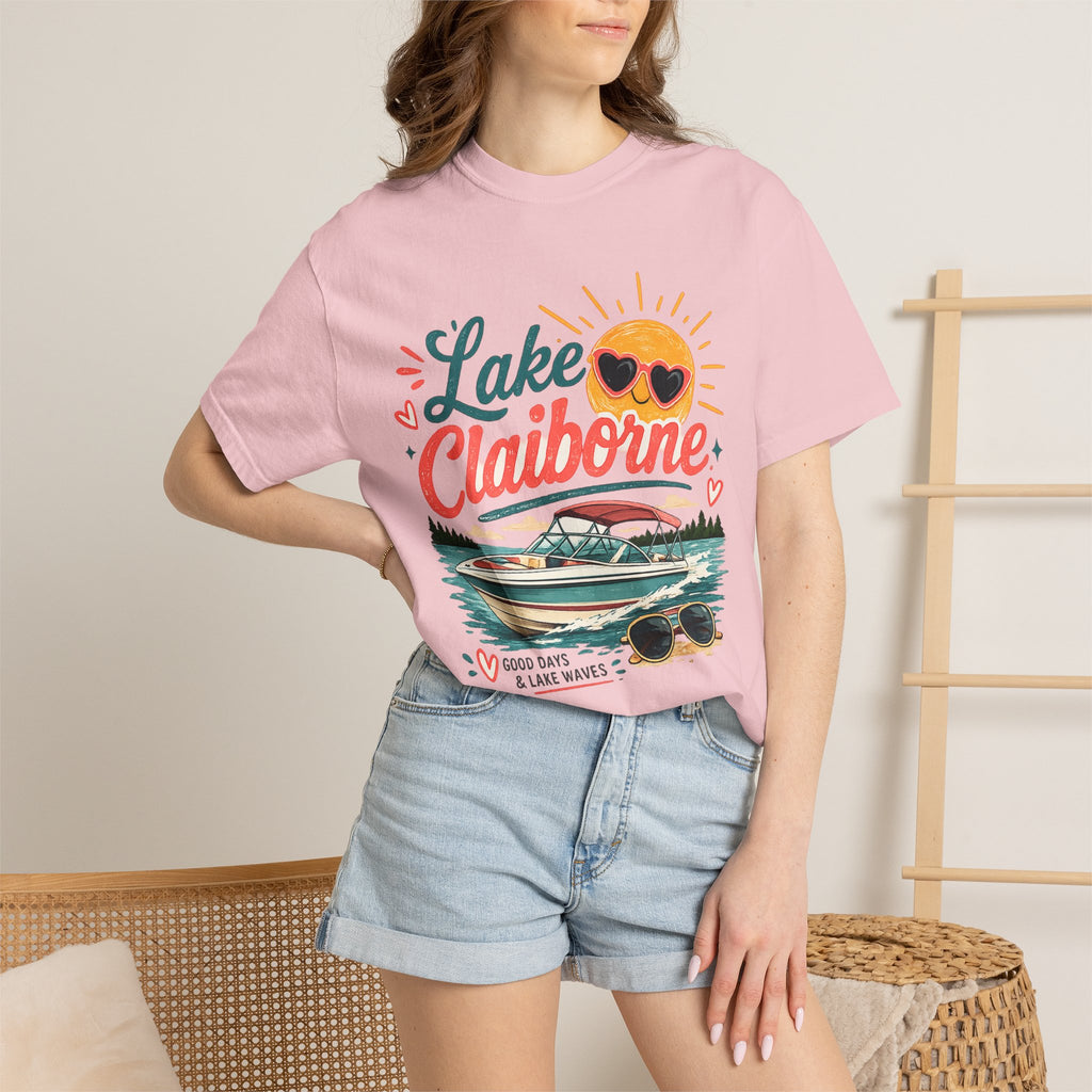 Lake Claiborne Boat T‑Shirt — Retro Sun & Sunglasses Summer Tee