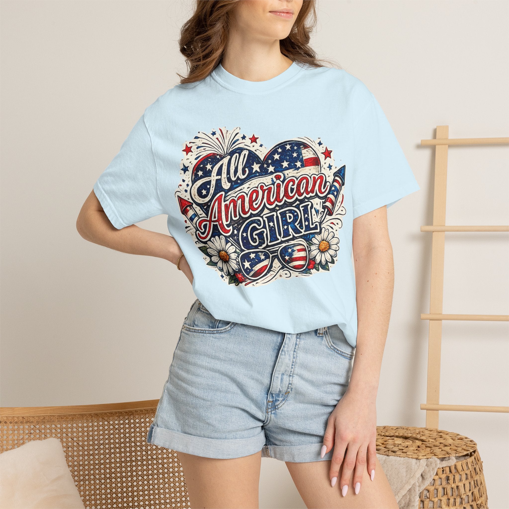 All American Girl T-Shirt — Patriotic Stars & Daisies Tee for Women