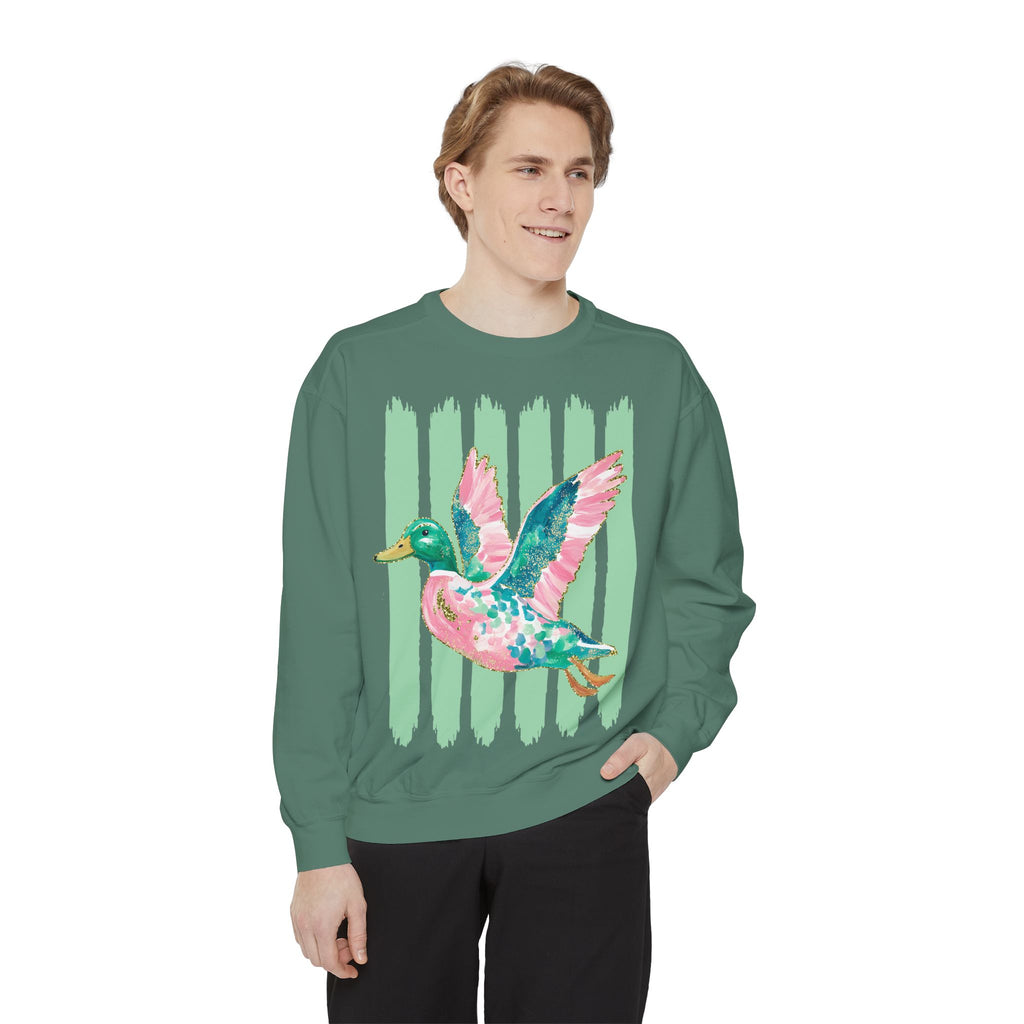 Duck Graphic Sweatshirt — Watercolor Flying Duck on Coral Garment-Dyed Crewneck