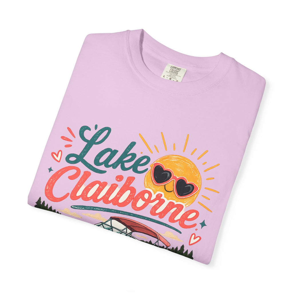 Lake Claiborne Boat T‑Shirt — Retro Sun & Sunglasses Summer Tee