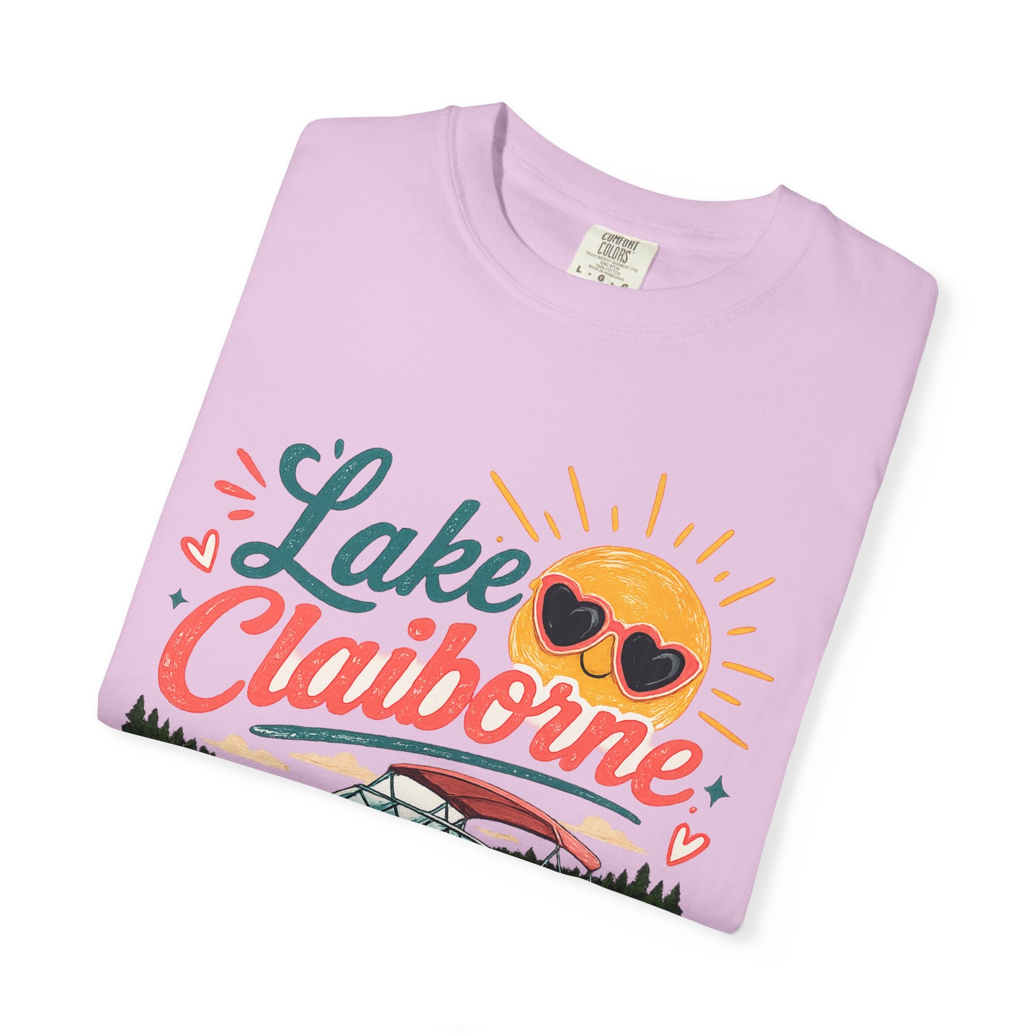 Lake Claiborne Boat T‑Shirt — Retro Sun & Sunglasses Summer Tee