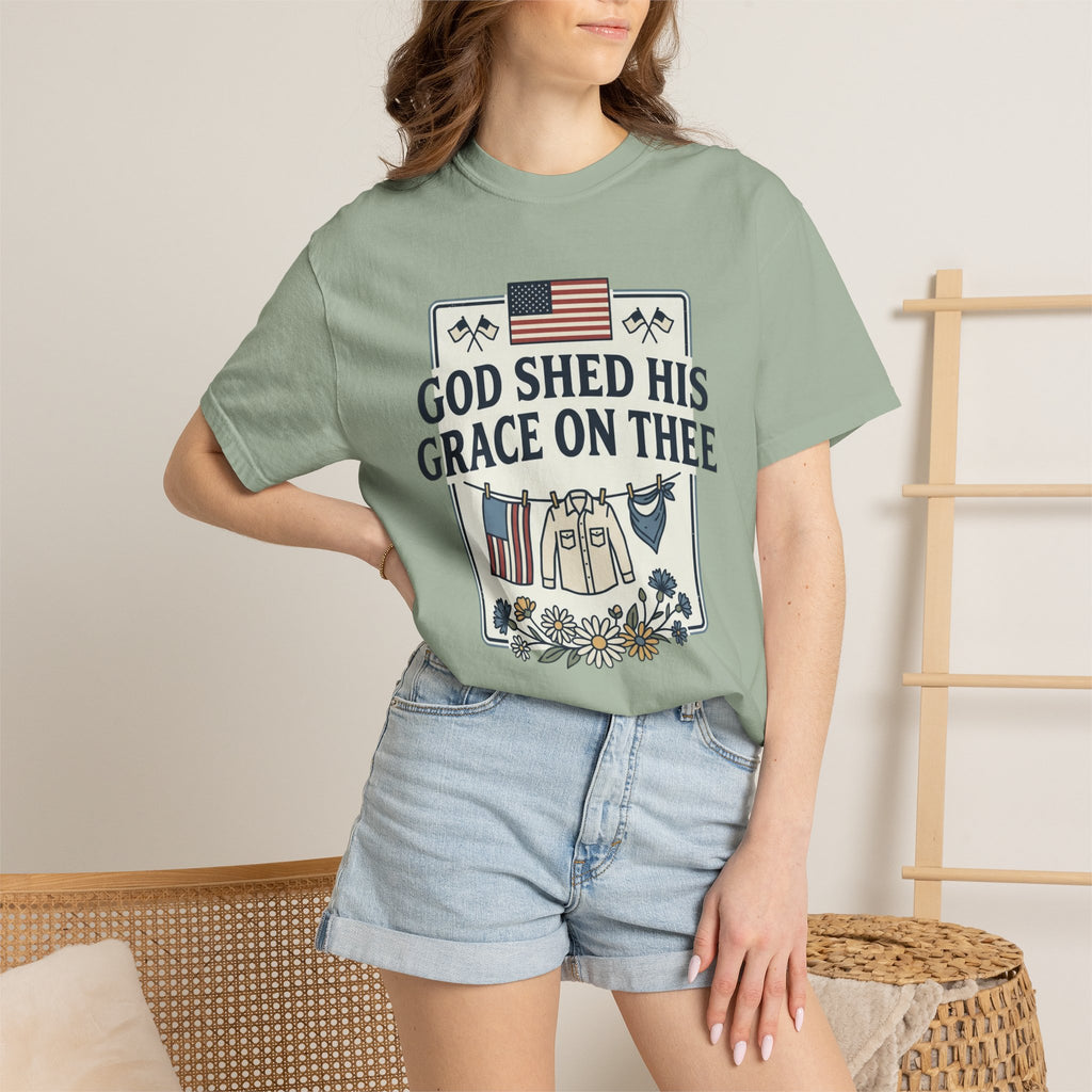 T-Shirt — "God Shed His Grace on Thee" Patriotic American Flag & Floral Tee