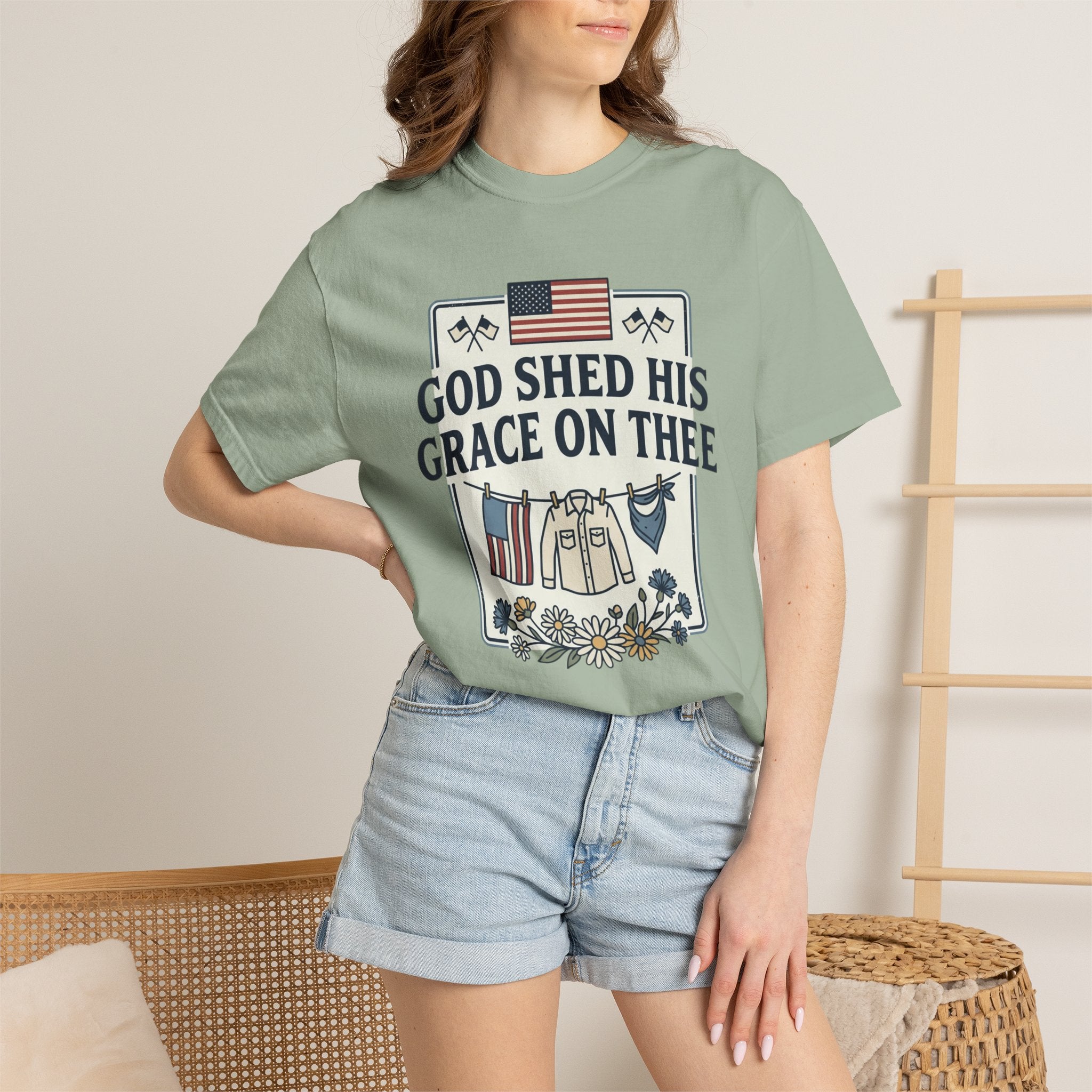 T-Shirt — "God Shed His Grace on Thee" Patriotic American Flag & Floral Tee