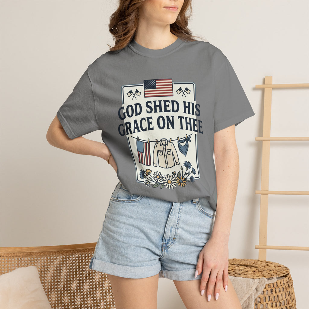T-Shirt — "God Shed His Grace on Thee" Patriotic American Flag & Floral Tee