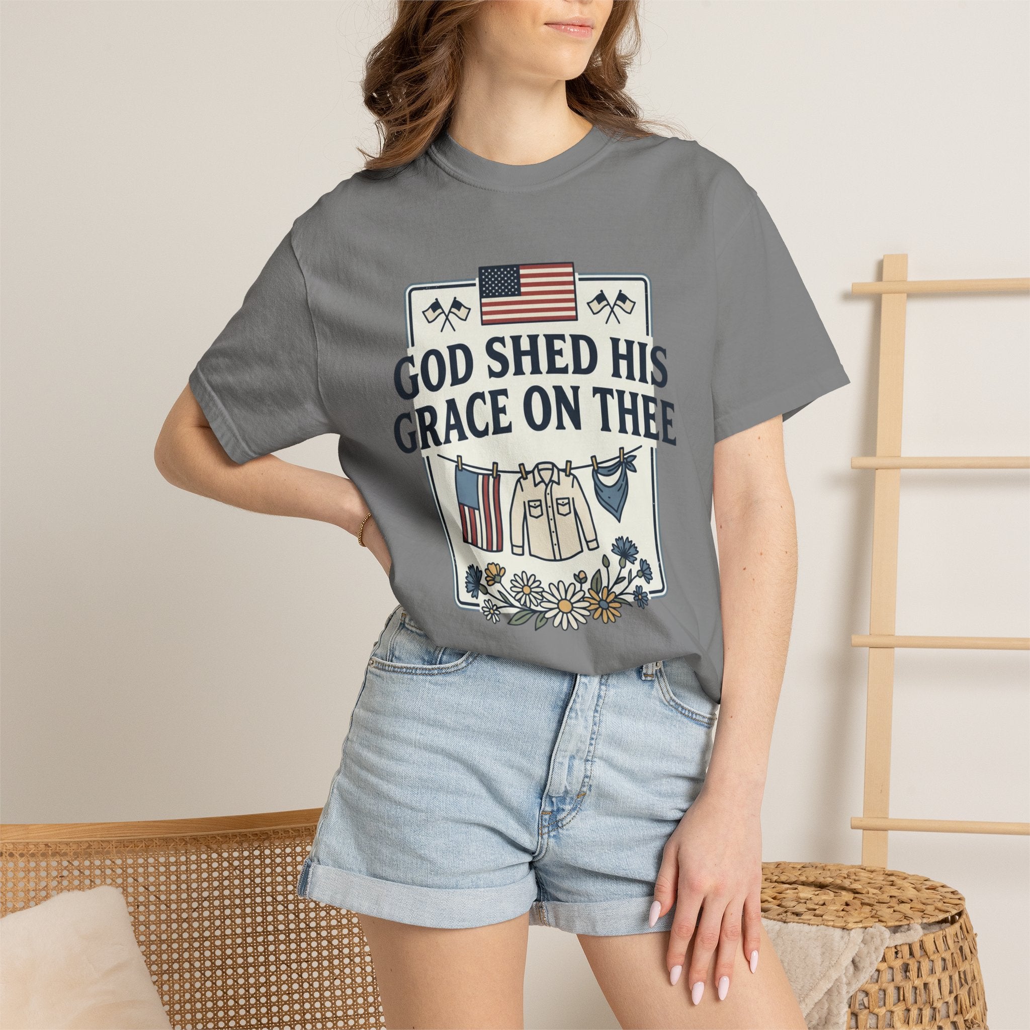 T-Shirt — "God Shed His Grace on Thee" Patriotic American Flag & Floral Tee