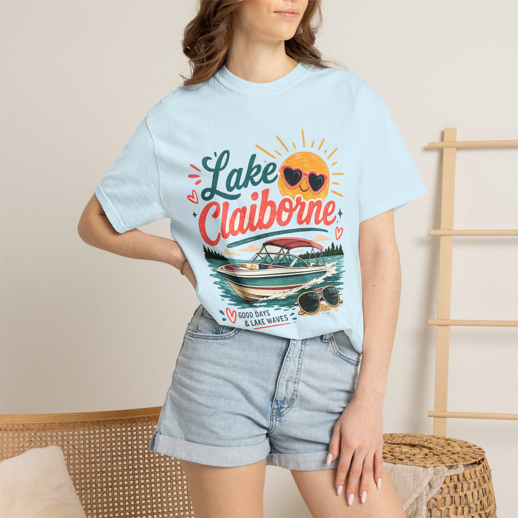 Lake Claiborne Boat T‑Shirt — Retro Sun & Sunglasses Summer Tee