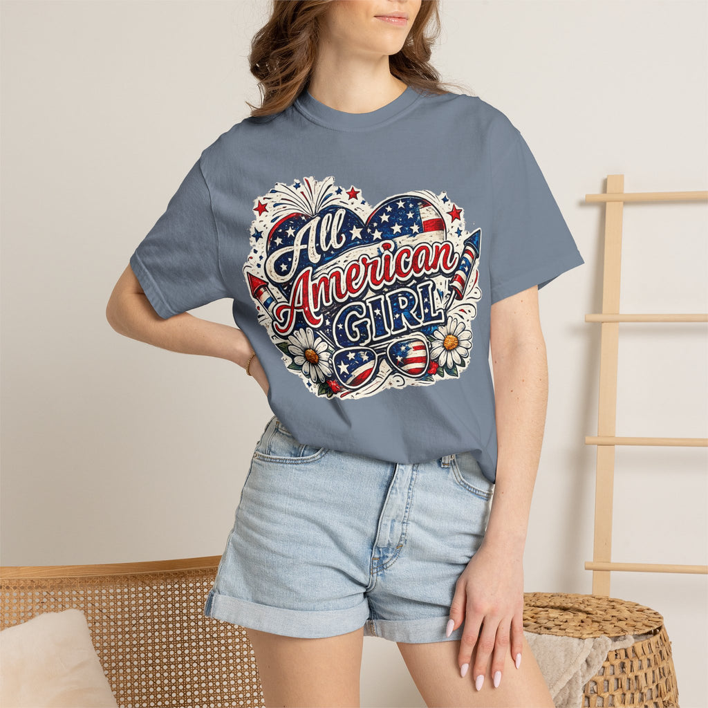 All American Girl T-Shirt — Patriotic Stars & Daisies Tee for Women