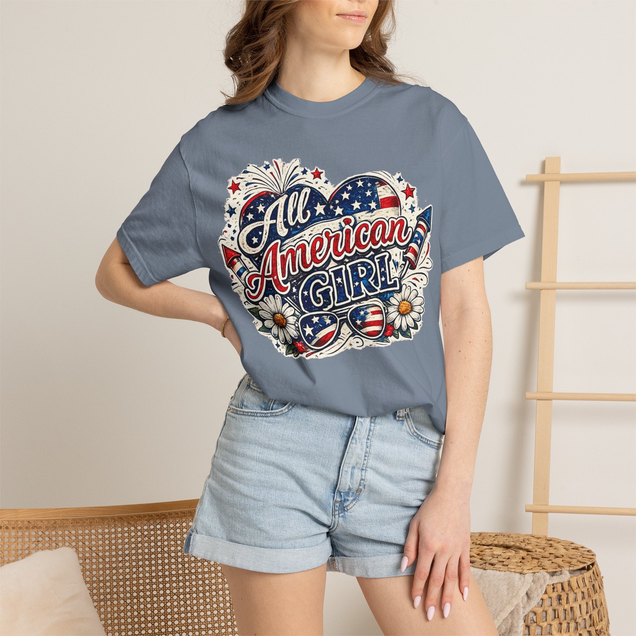 All American Girl T-Shirt — Patriotic Stars & Daisies Tee for Women