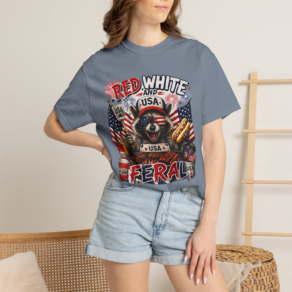 Red White and Feral T-Shirt — Patriotic Raccoon Graphic Tee for July 4th