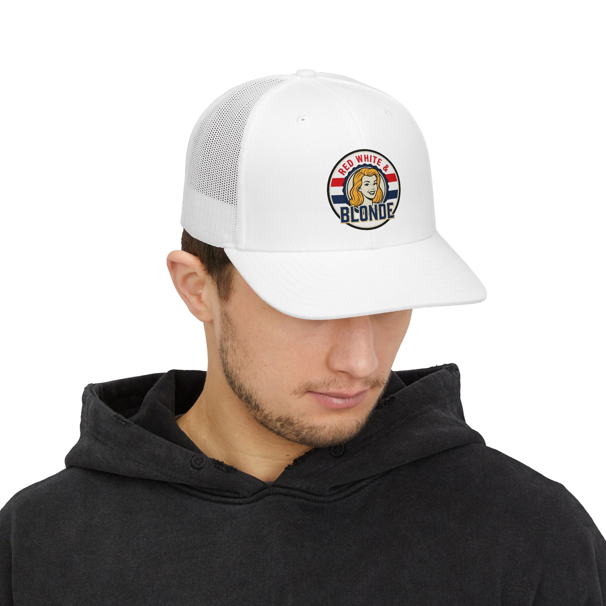 Red White & Blonde Trucker Cap — Retro Patriotic Snapback Hat
