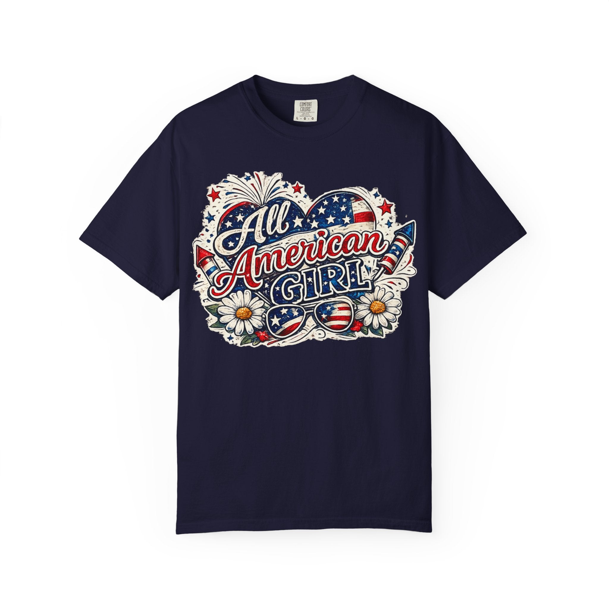 All American Girl T-Shirt — Patriotic Stars & Daisies Tee for Women