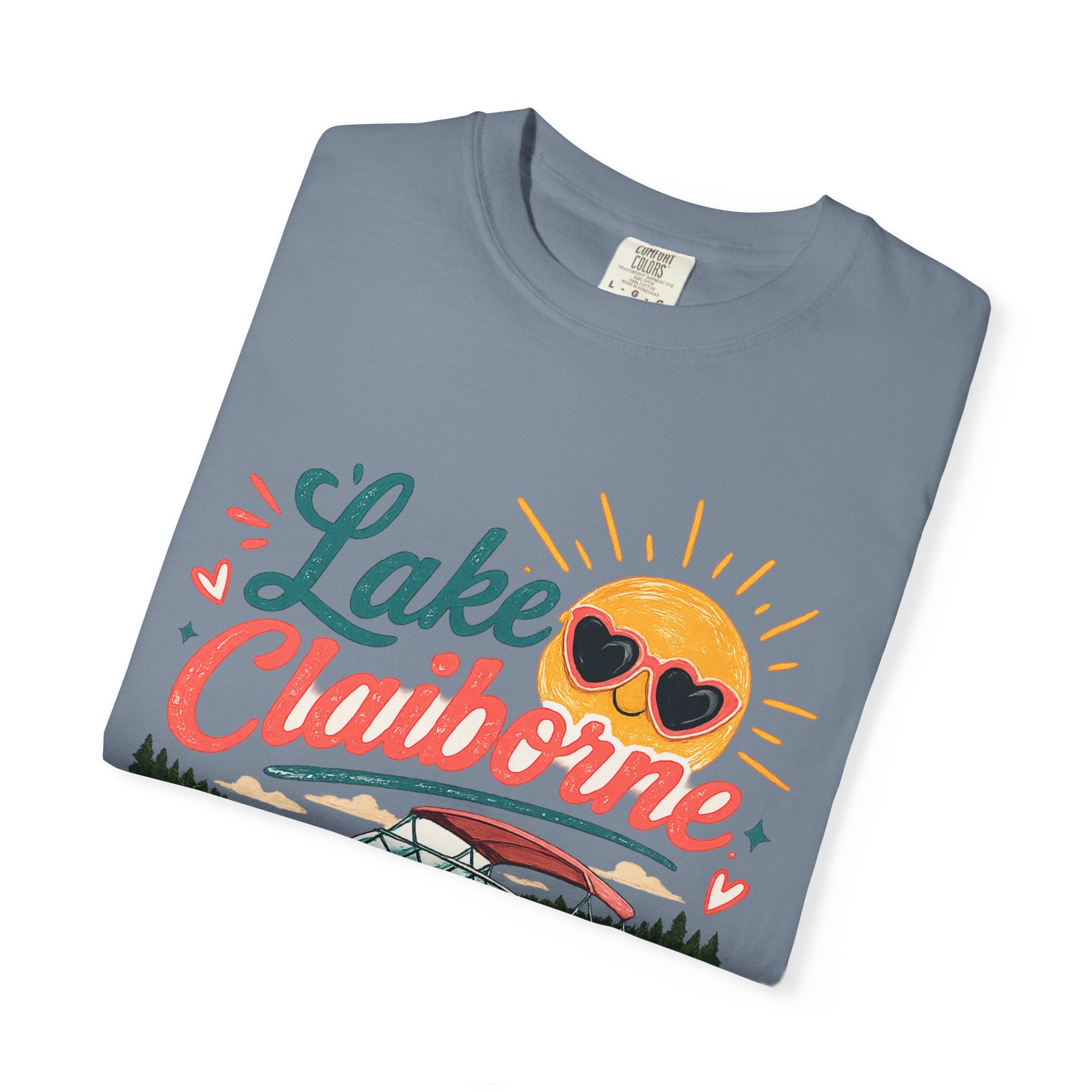 Lake Claiborne Boat T‑Shirt — Retro Sun & Sunglasses Summer Tee