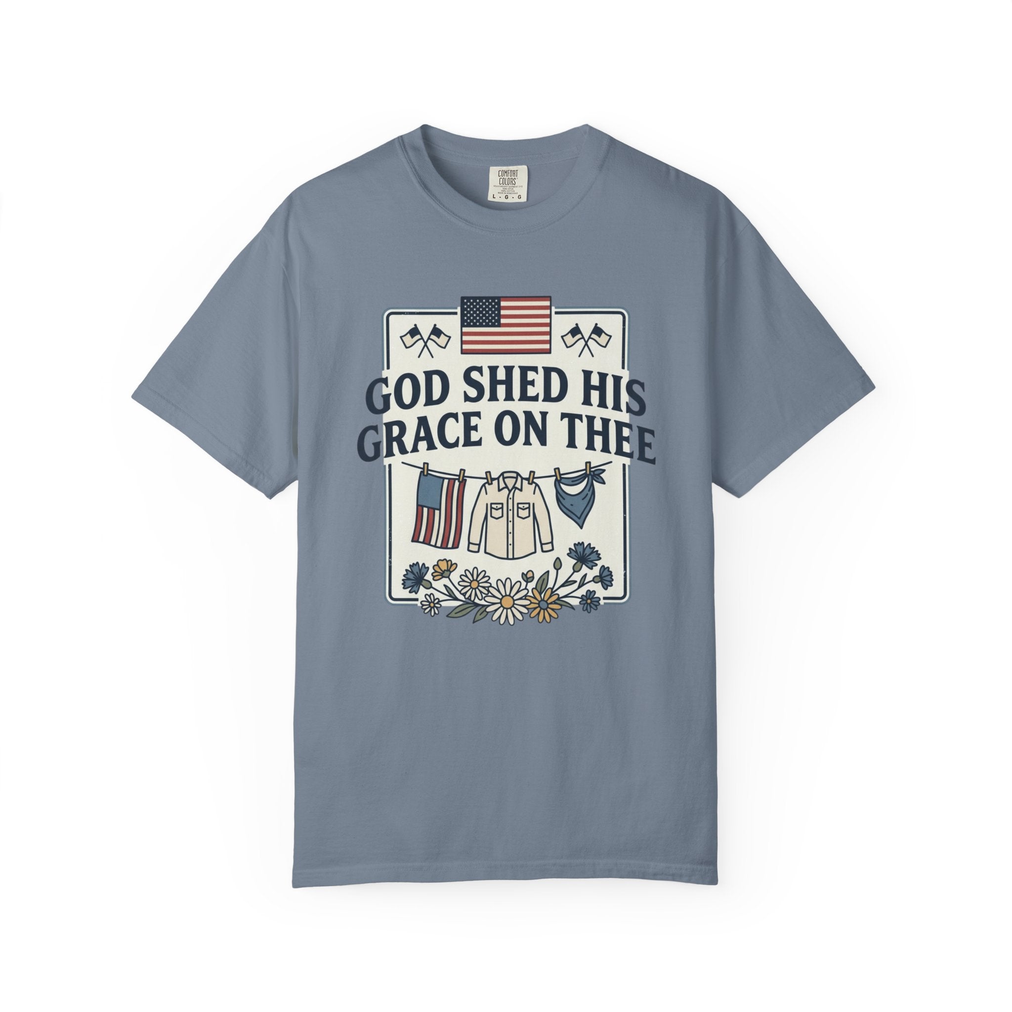 T-Shirt — "God Shed His Grace on Thee" Patriotic American Flag & Floral Tee