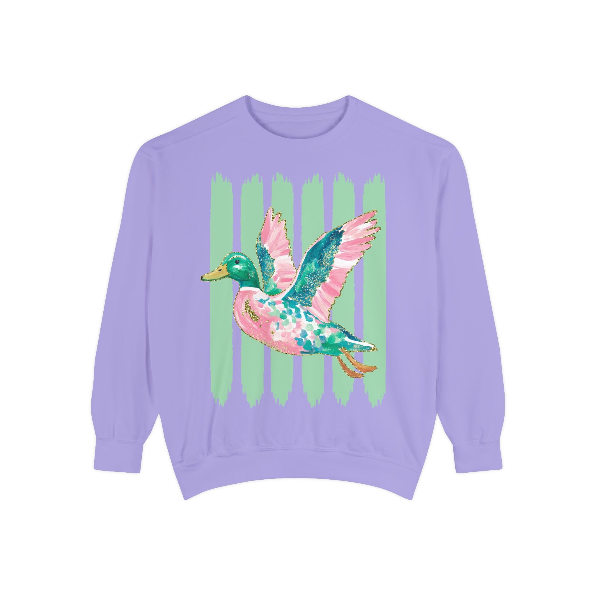 Duck Graphic Sweatshirt — Watercolor Flying Duck on Coral Garment-Dyed Crewneck