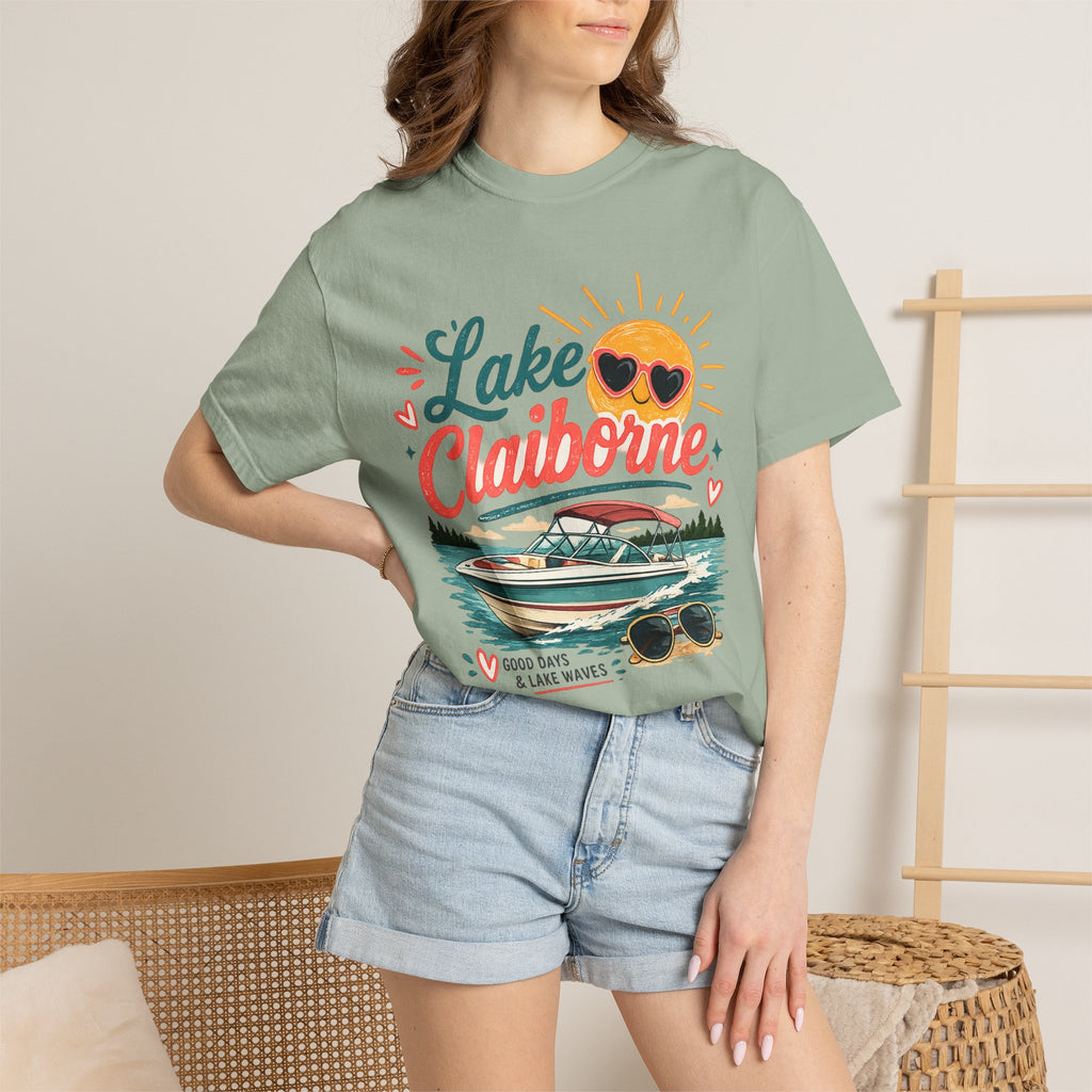 Lake Claiborne Boat T‑Shirt — Retro Sun & Sunglasses Summer Tee
