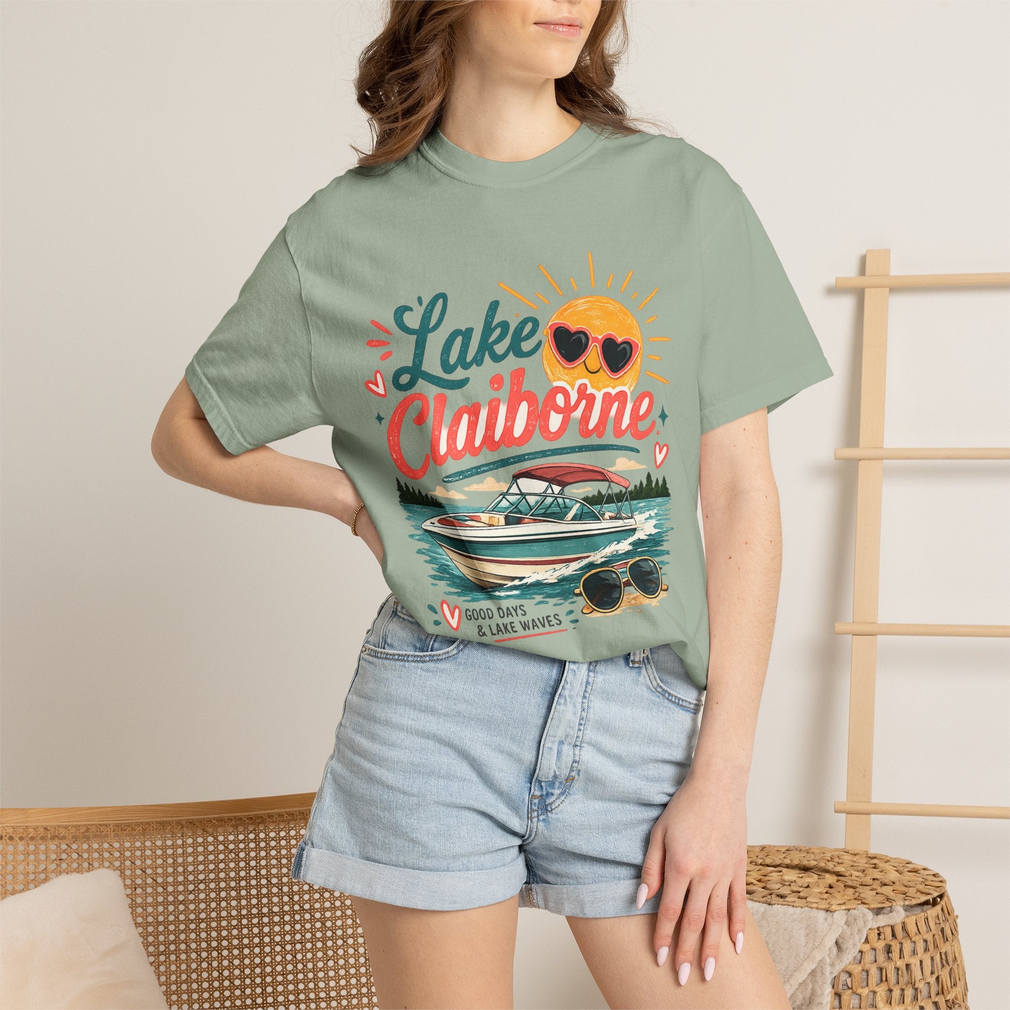 Lake Claiborne Boat T‑Shirt — Retro Sun & Sunglasses Summer Tee