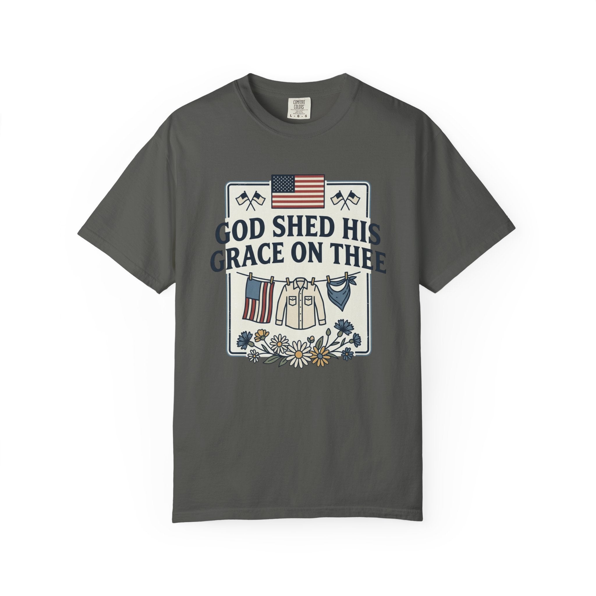 T-Shirt — "God Shed His Grace on Thee" Patriotic American Flag & Floral Tee