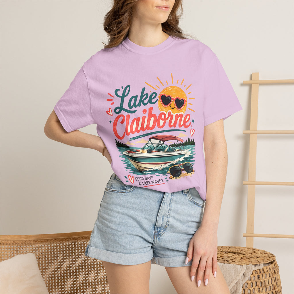 Lake Claiborne Boat T‑Shirt — Retro Sun & Sunglasses Summer Tee