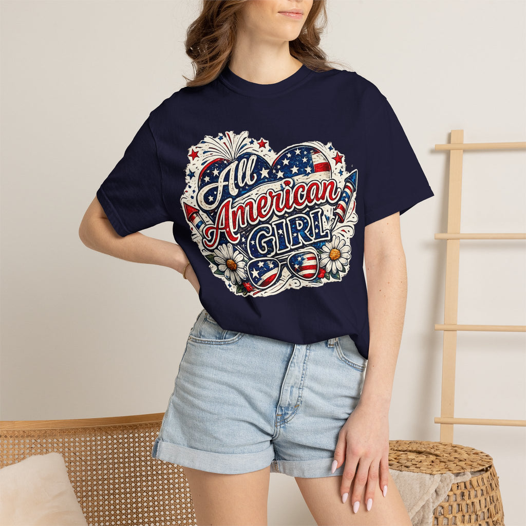 All American Girl T-Shirt — Patriotic Stars & Daisies Tee for Women