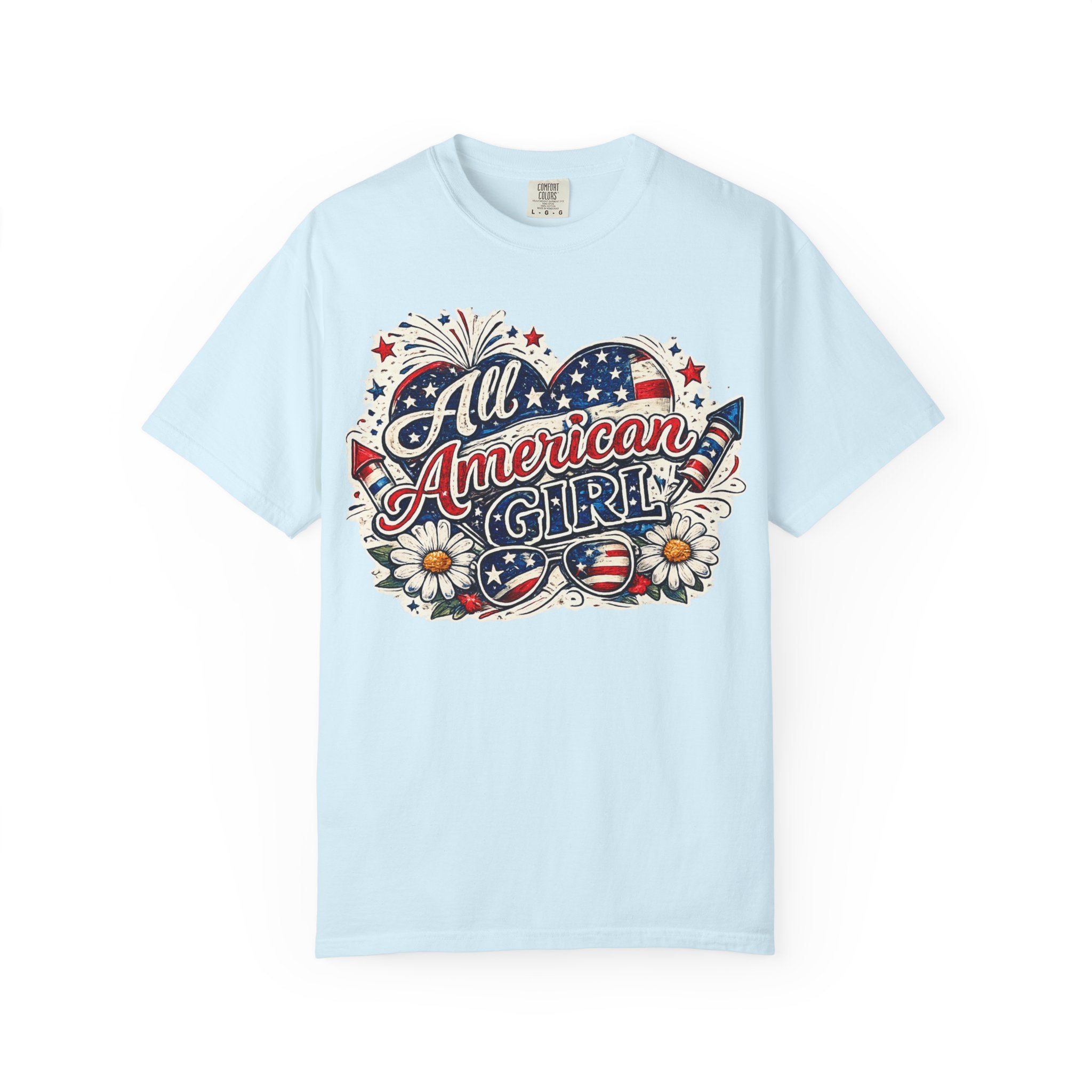 All American Girl T-Shirt — Patriotic Stars & Daisies Tee for Women