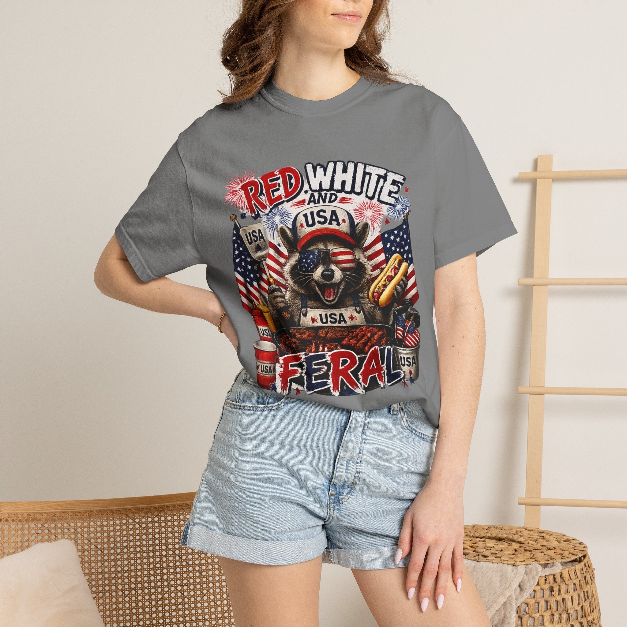 Red White and Feral T-Shirt — Patriotic Raccoon Graphic Tee for July 4th