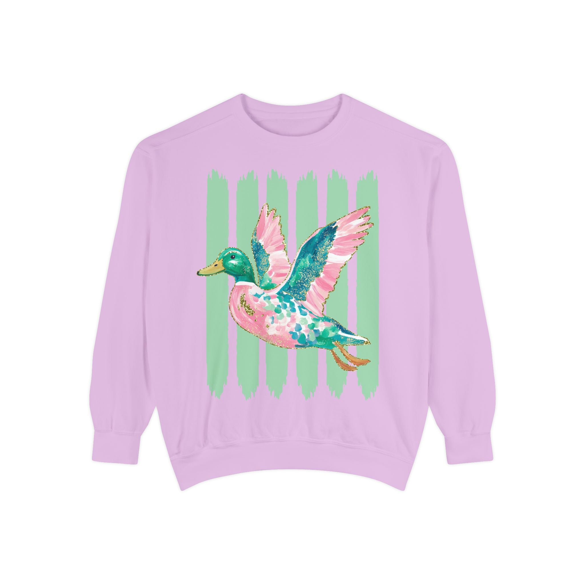Duck Graphic Sweatshirt — Watercolor Flying Duck on Coral Garment-Dyed Crewneck