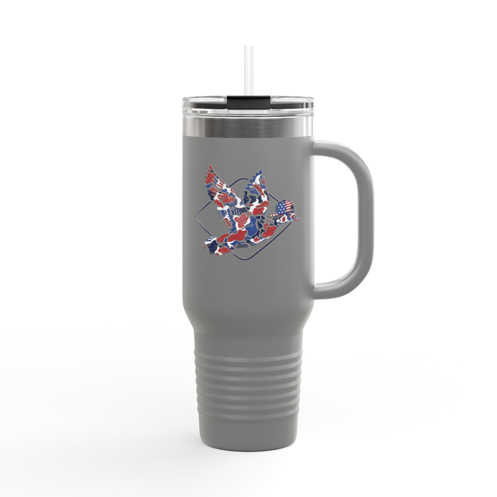40oz Insulated Travel Mug — Red White Blue Floral Dove Design with Handle