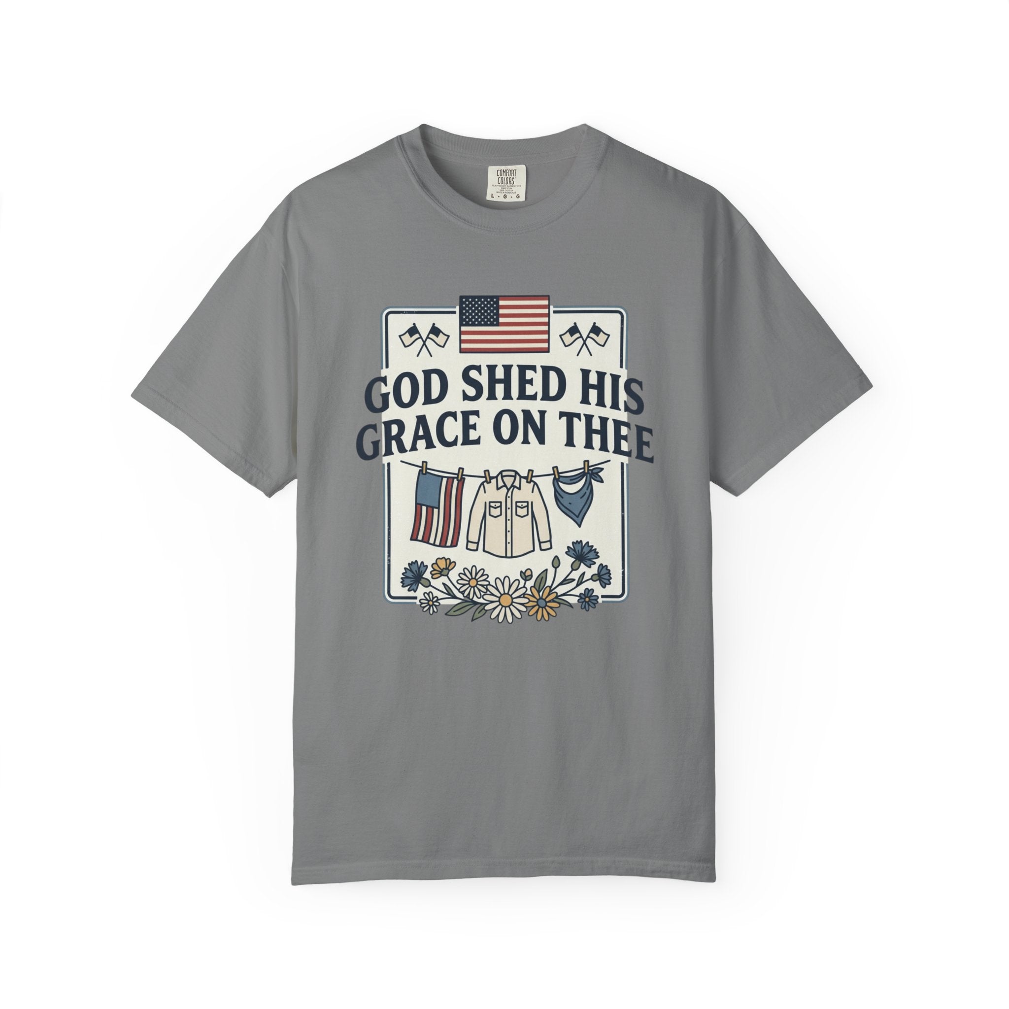 T-Shirt — "God Shed His Grace on Thee" Patriotic American Flag & Floral Tee