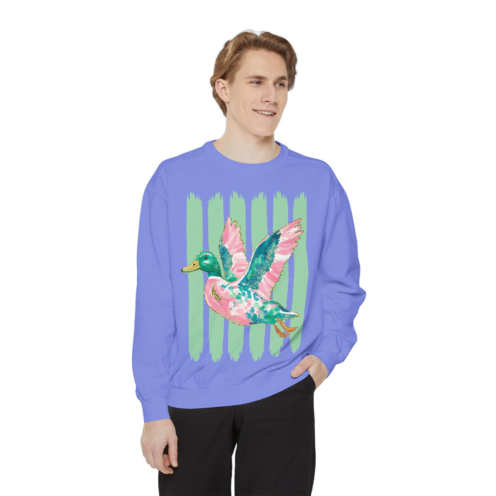 Duck Graphic Sweatshirt — Watercolor Flying Duck on Coral Garment-Dyed Crewneck