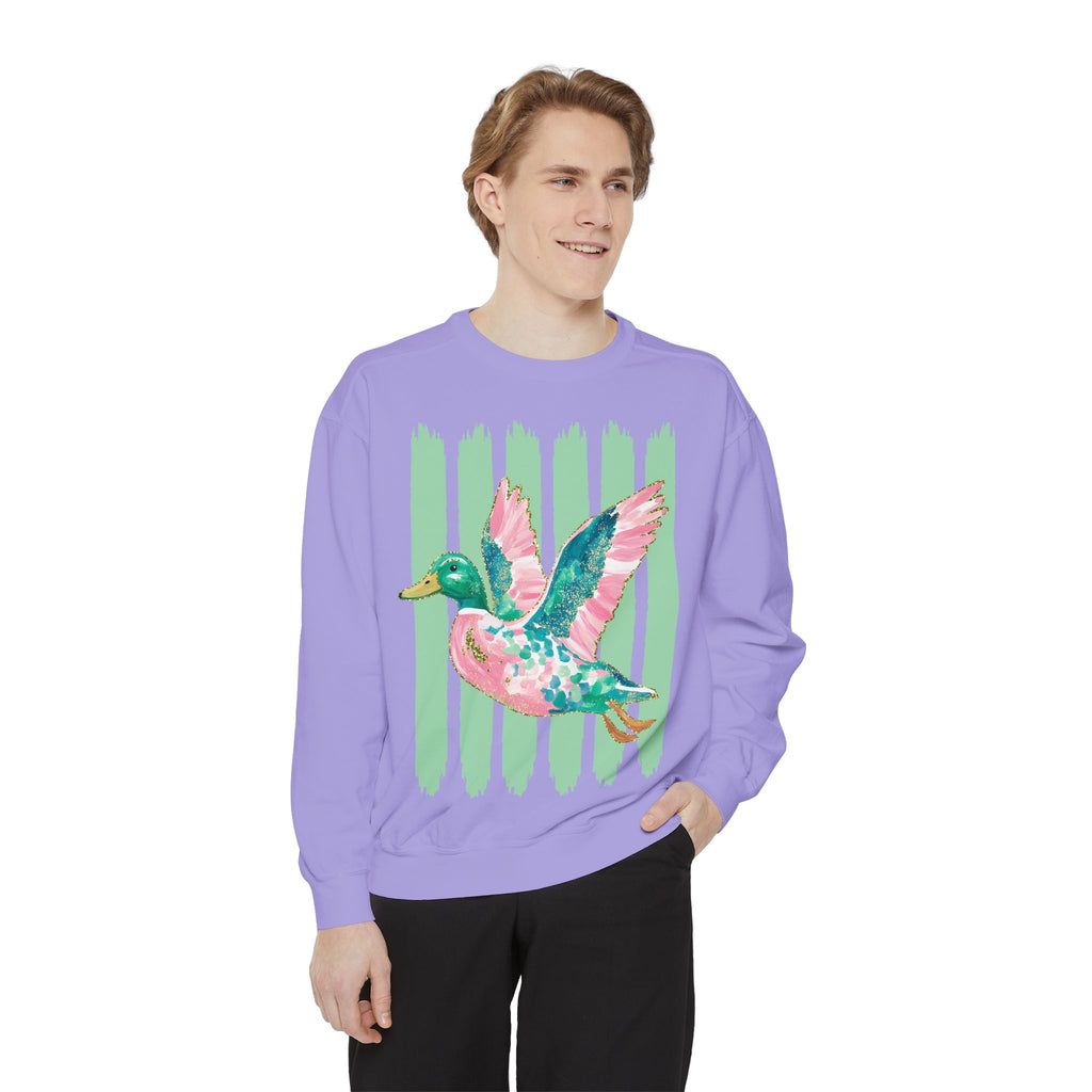Duck Graphic Sweatshirt — Watercolor Flying Duck on Coral Garment-Dyed Crewneck