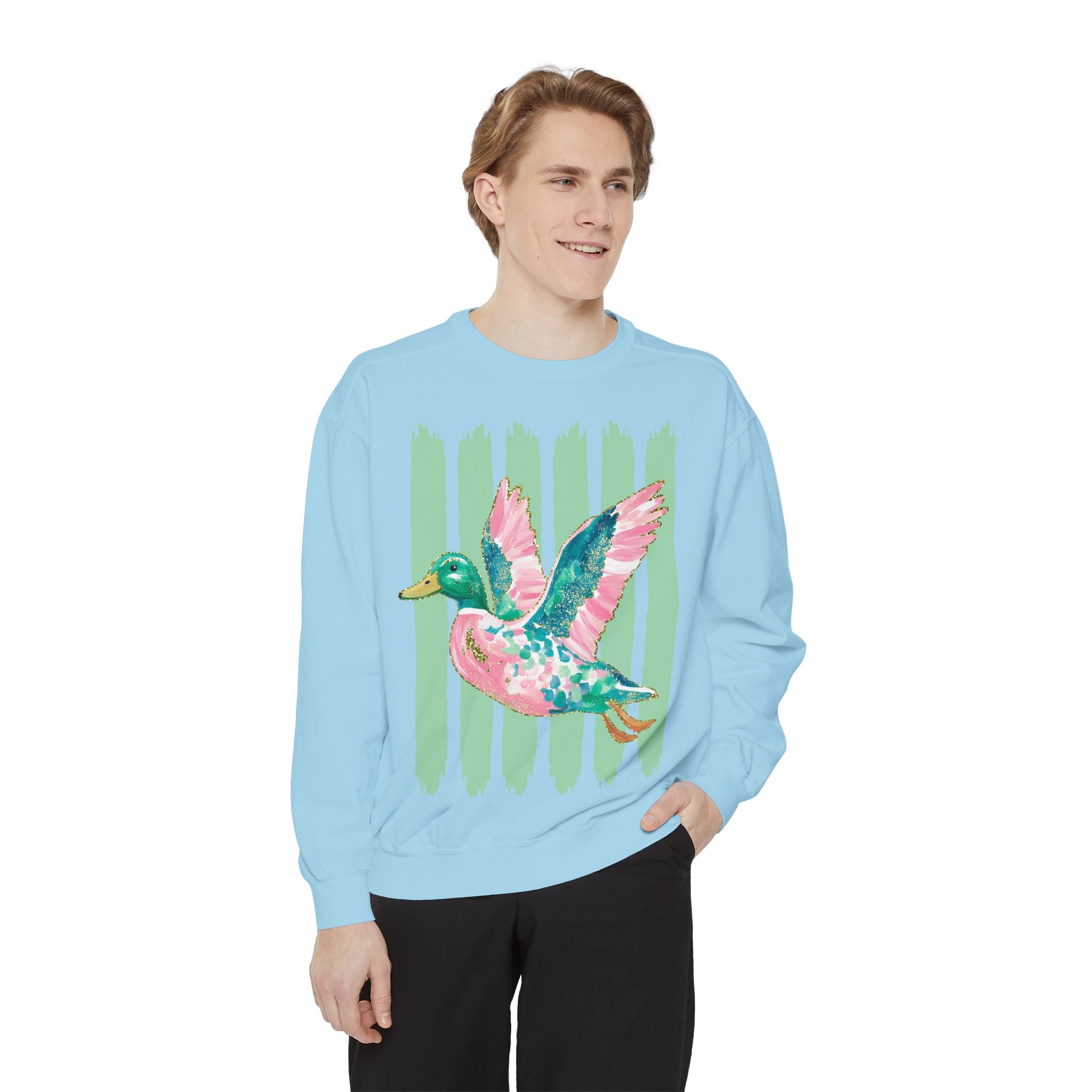 Duck Graphic Sweatshirt — Watercolor Flying Duck on Coral Garment-Dyed Crewneck