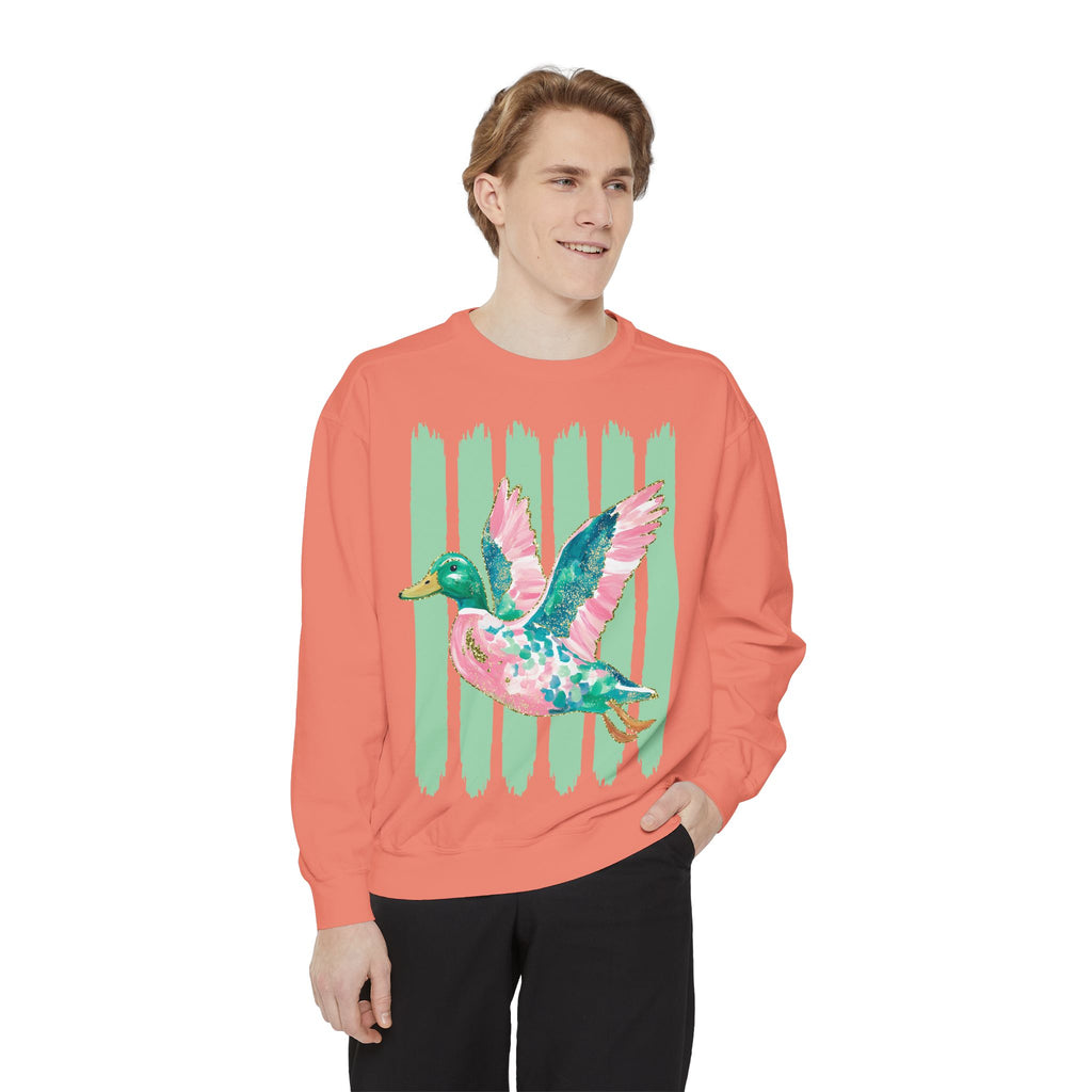 Duck Graphic Sweatshirt — Watercolor Flying Duck on Coral Garment-Dyed Crewneck
