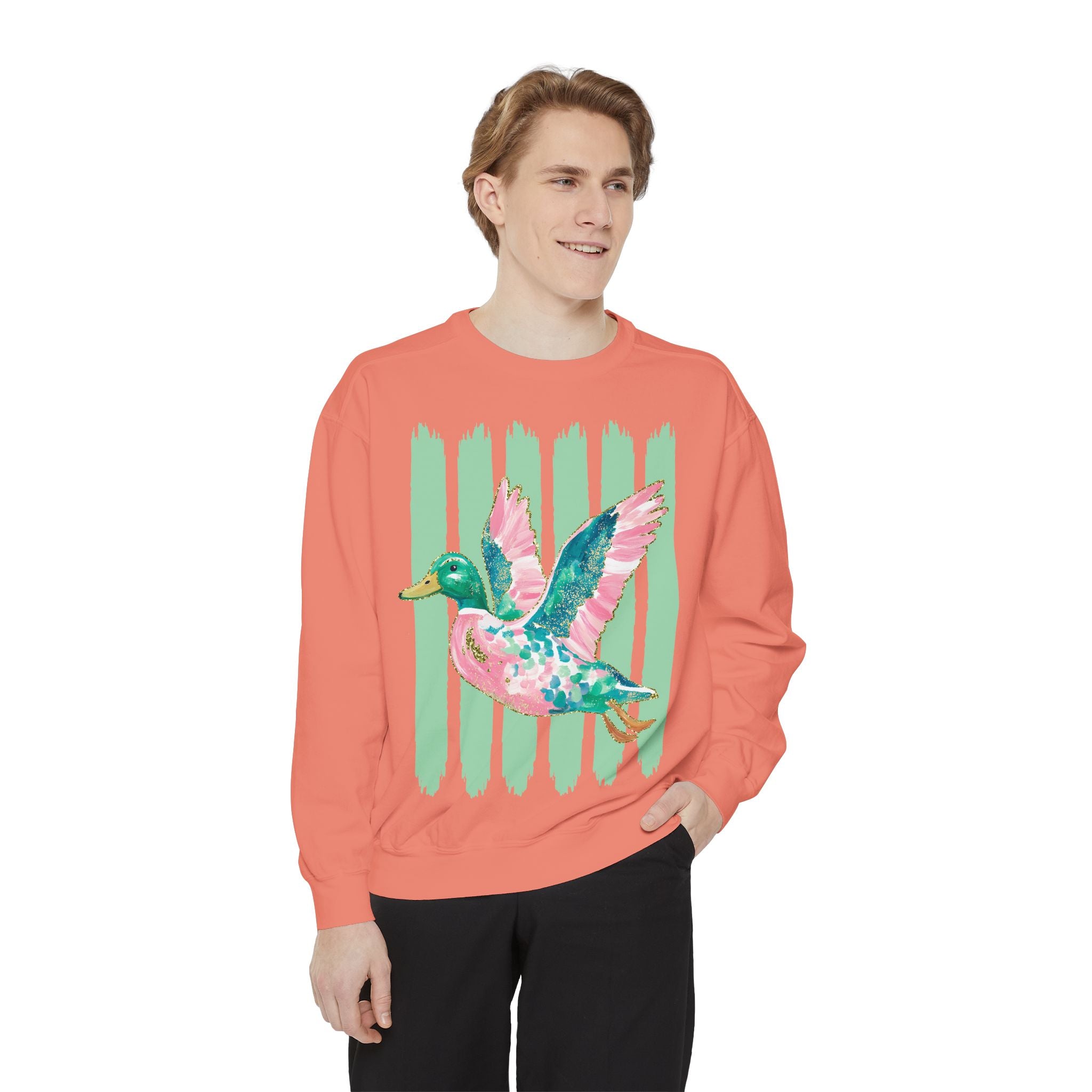 Duck Graphic Sweatshirt — Watercolor Flying Duck on Coral Garment-Dyed Crewneck
