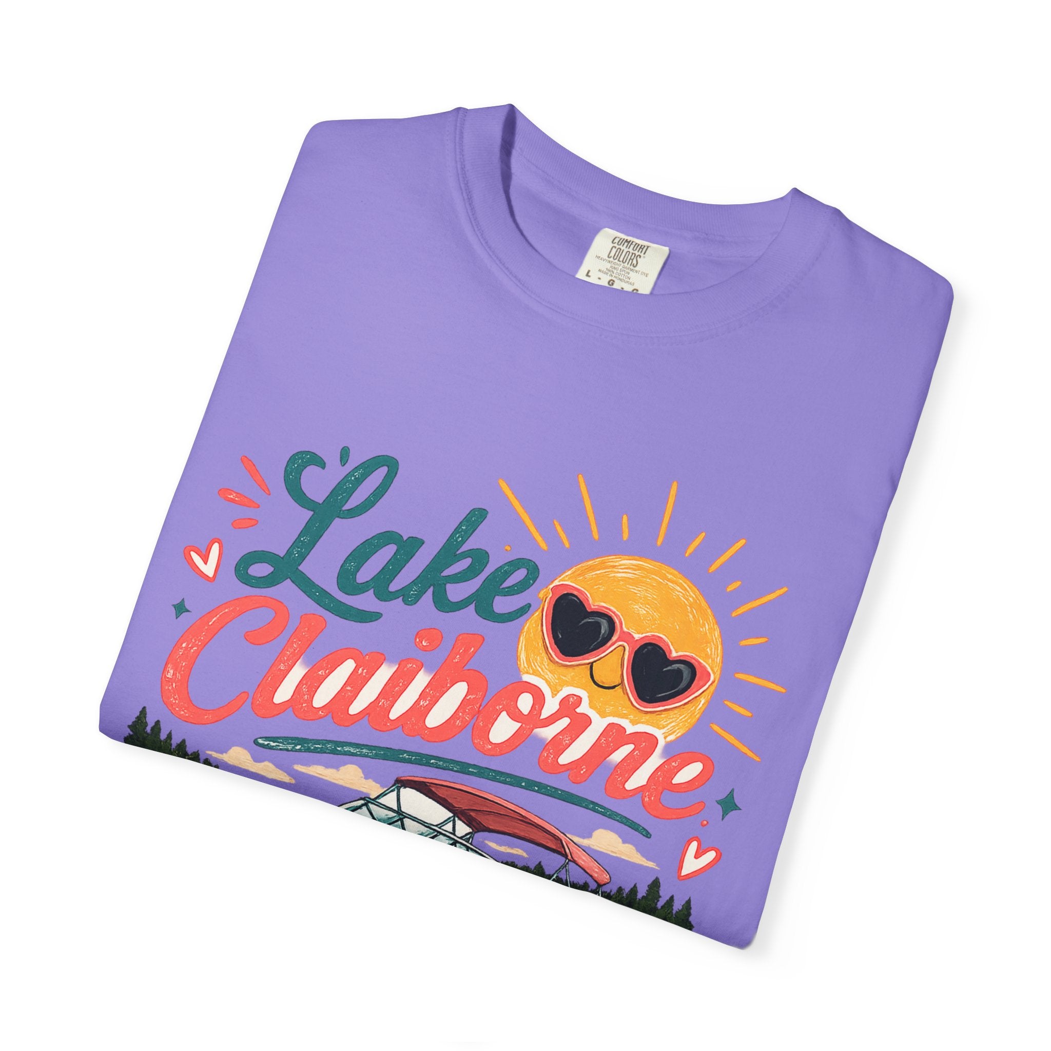 Lake Claiborne Boat T‑Shirt — Retro Sun & Sunglasses Summer Tee