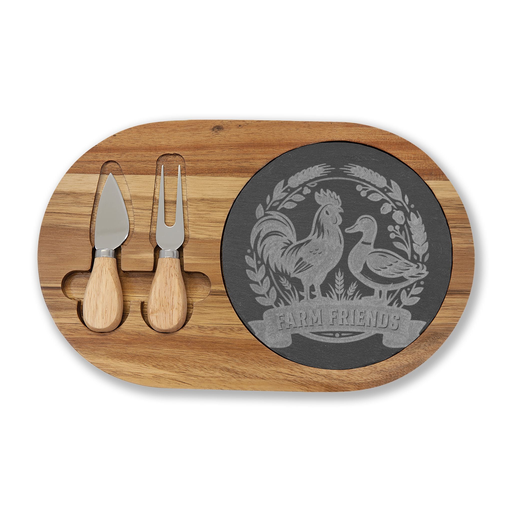 Engraved Bamboo Charcuterie Board with Slate Inlay & Cheese Tools — Rooster Friends Design