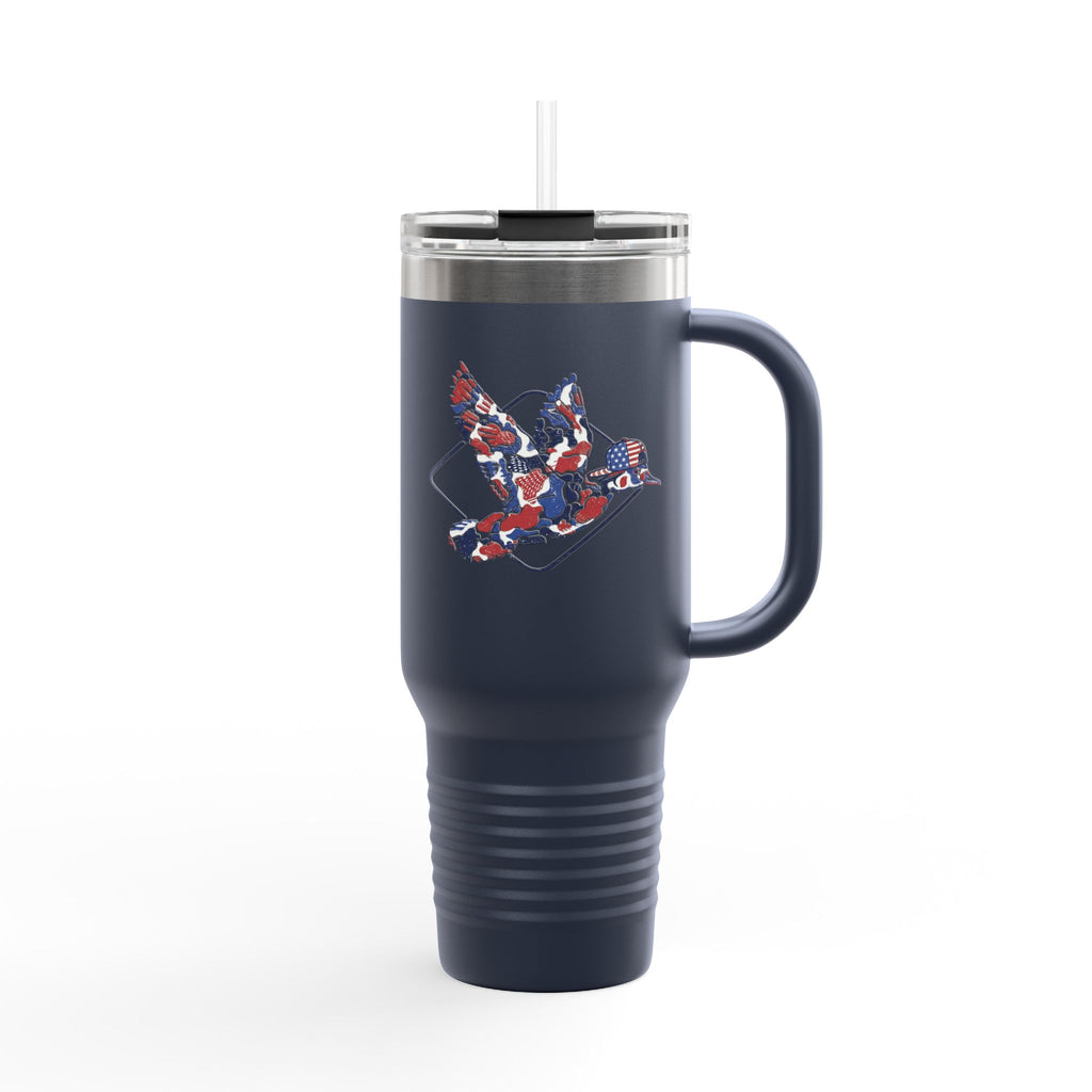 40oz Insulated Travel Mug — Red White Blue Floral Dove Design with Handle