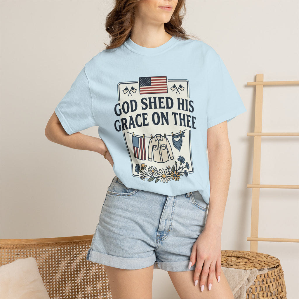 T-Shirt — "God Shed His Grace on Thee" Patriotic American Flag & Floral Tee