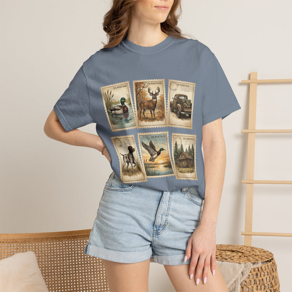 Vintage Outdoor Stamps T-Shirt — Deer, Duck, Truck & Cabin Nature Collage