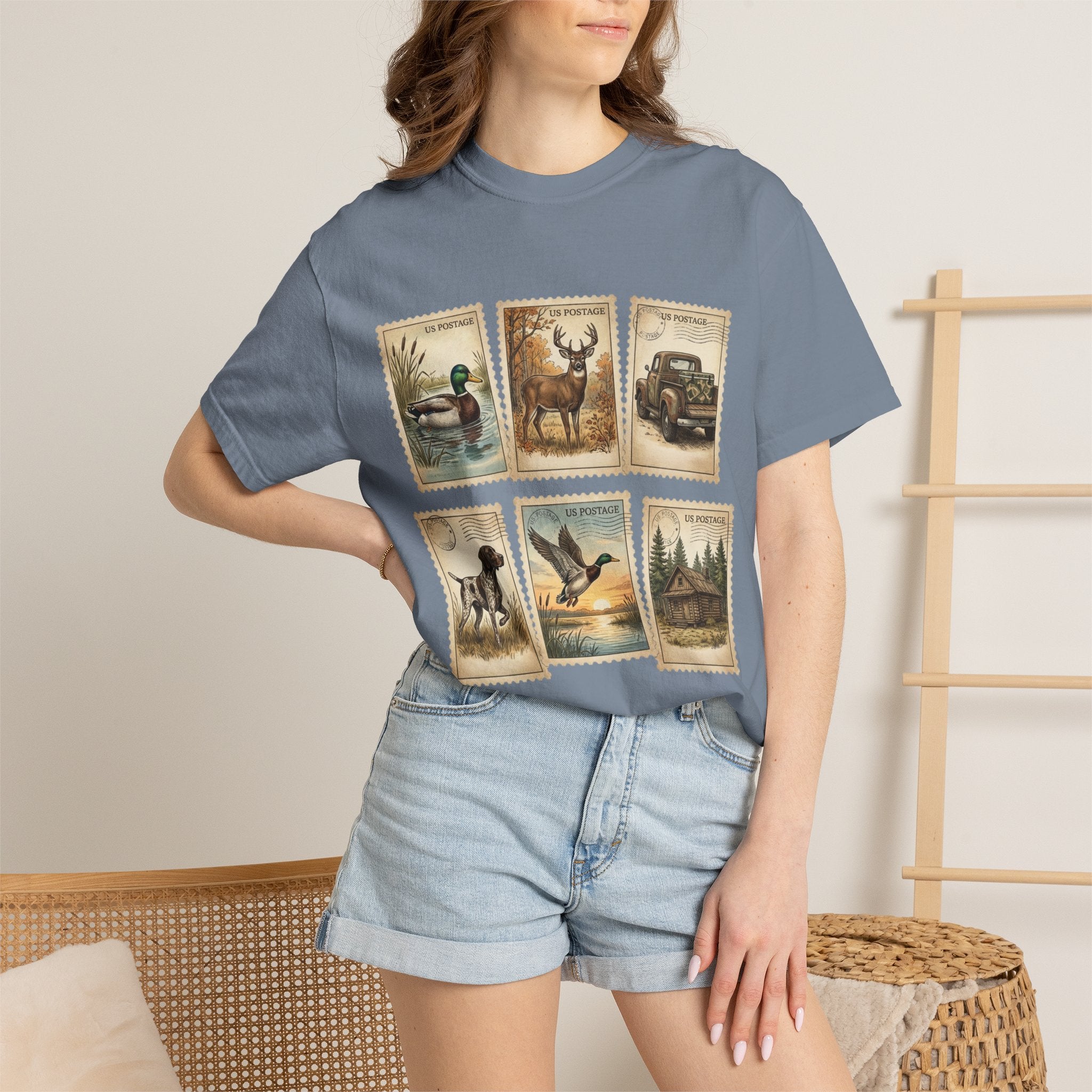 Vintage Outdoor Stamps T-Shirt — Deer, Duck, Truck & Cabin Nature Collage