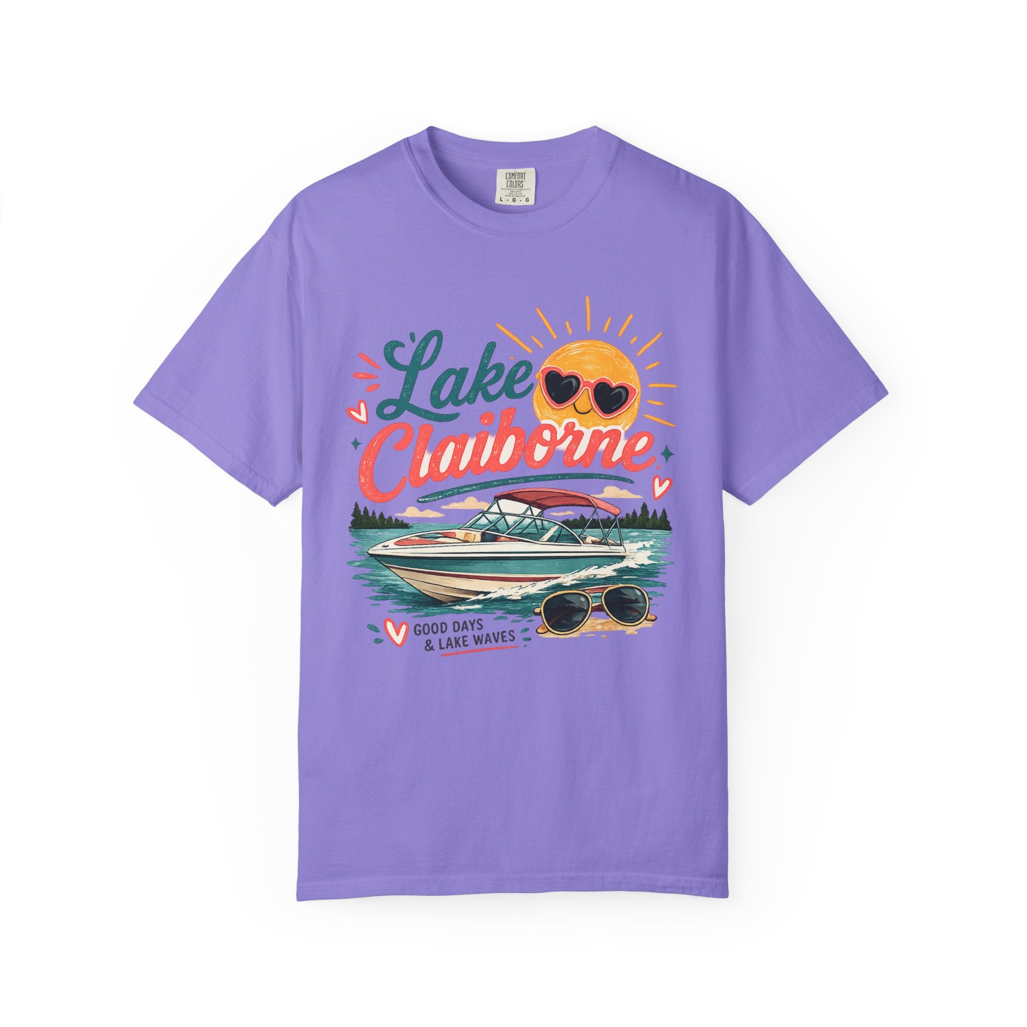 Lake Claiborne Boat T‑Shirt — Retro Sun & Sunglasses Summer Tee