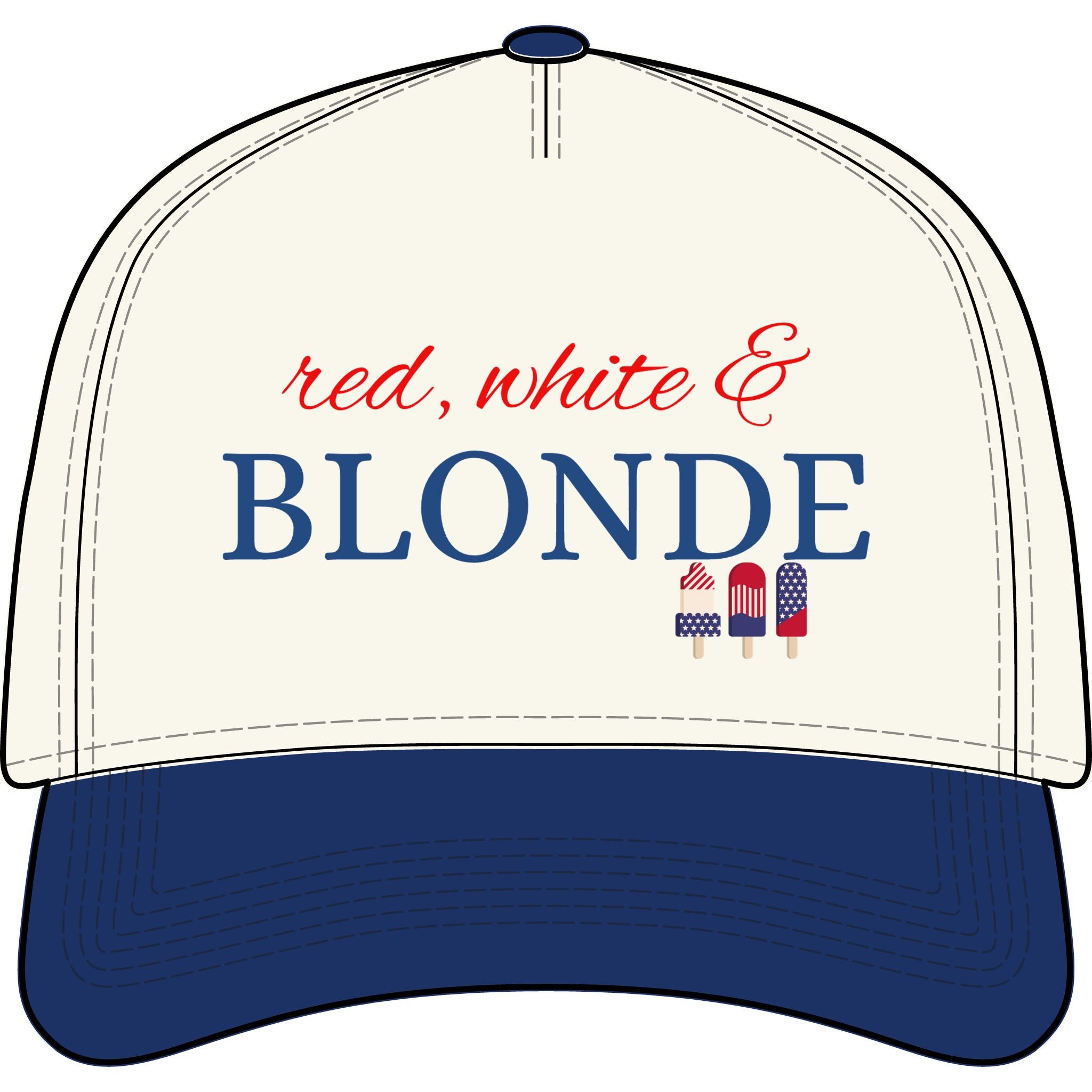 Red, White & Blonde Trucker Hat — Patriotic Summer Baseball Cap