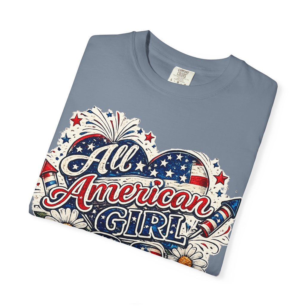 All American Girl T-Shirt — Patriotic Stars & Daisies Tee for Women