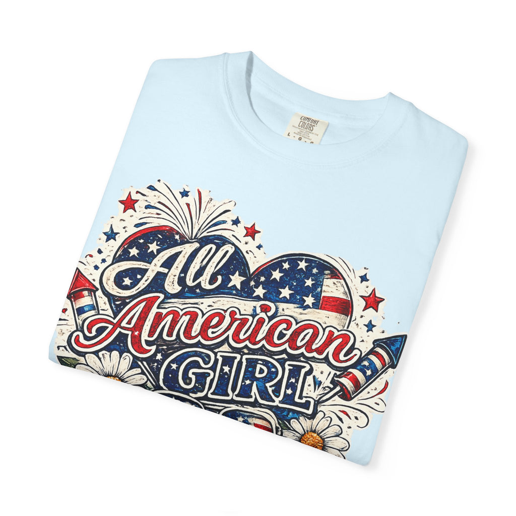 All American Girl T-Shirt — Patriotic Stars & Daisies Tee for Women