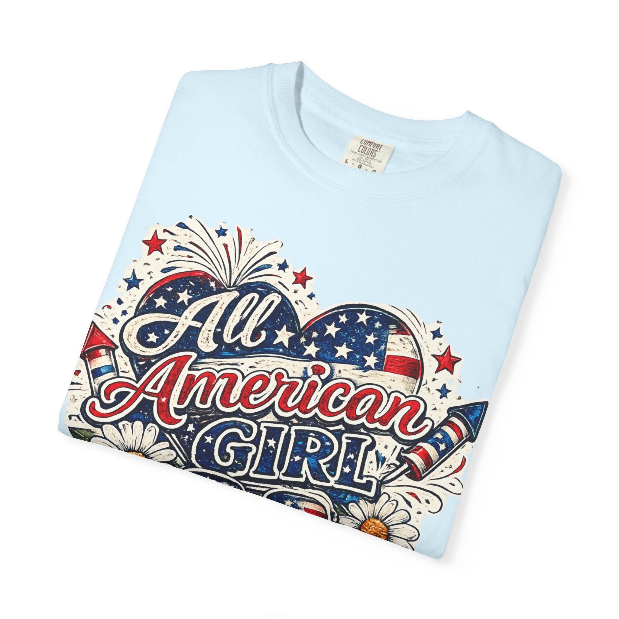 All American Girl T-Shirt — Patriotic Stars & Daisies Tee for Women