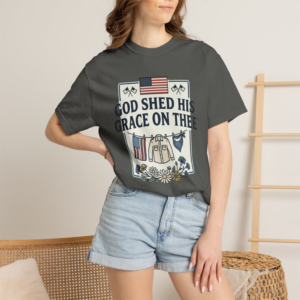 T-Shirt — "God Shed His Grace on Thee" Patriotic American Flag & Floral Tee