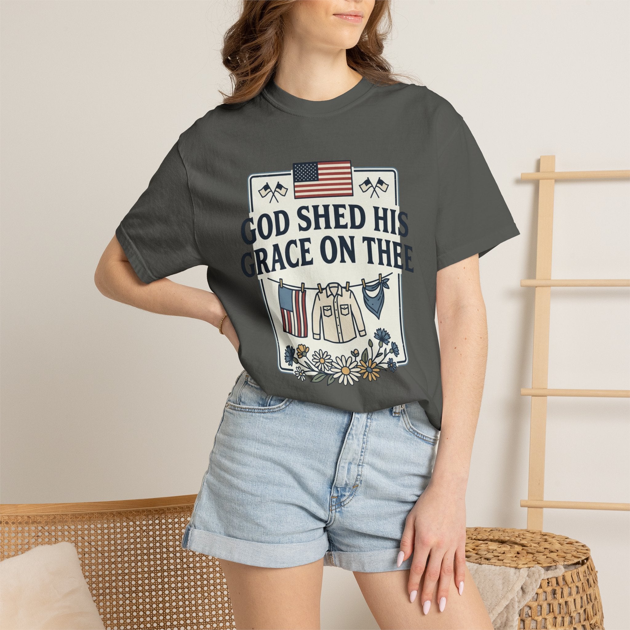 T-Shirt — "God Shed His Grace on Thee" Patriotic American Flag & Floral Tee