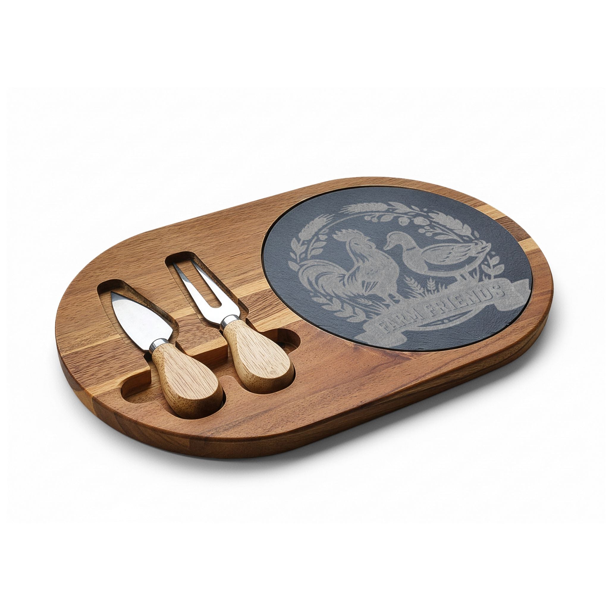 Engraved Bamboo Charcuterie Board with Slate Inlay & Cheese Tools — Rooster Friends Design